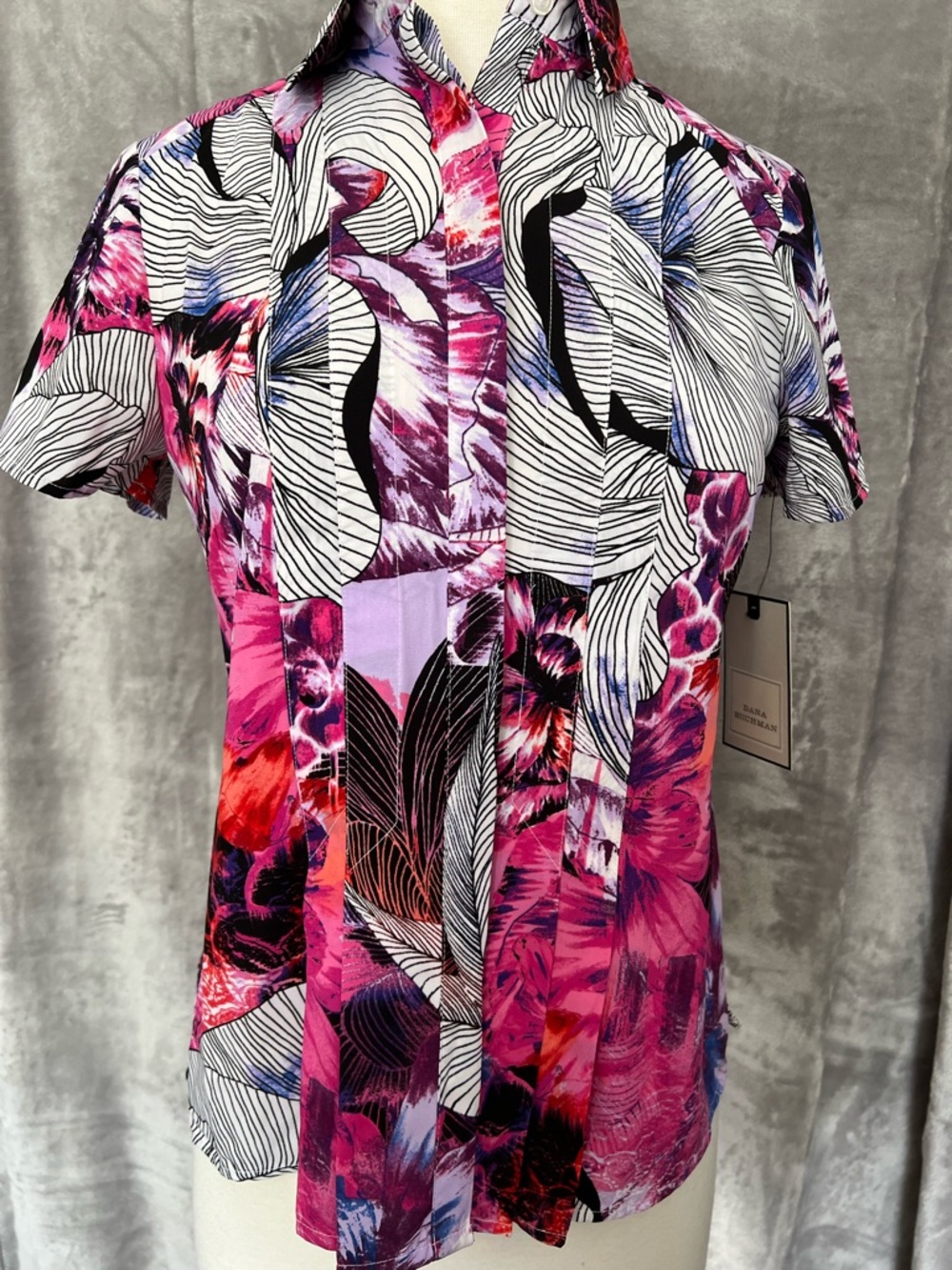 Dana Buchman Blouse Womens Small Floral Short Sleeve Button Front NWT